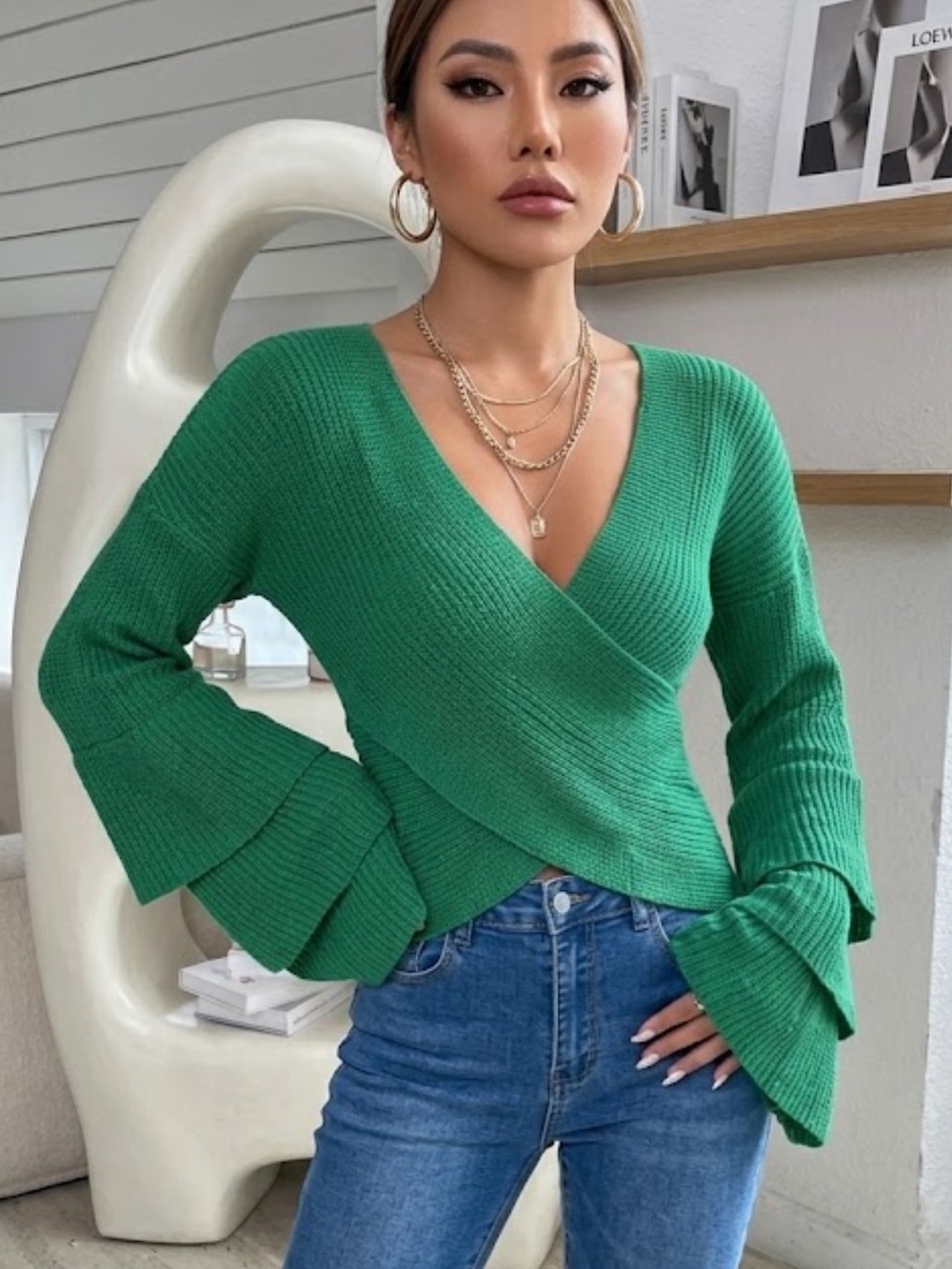 SHEIN Privé Crossover Front Trumpet Sleeve Crossover Sweater size XS new